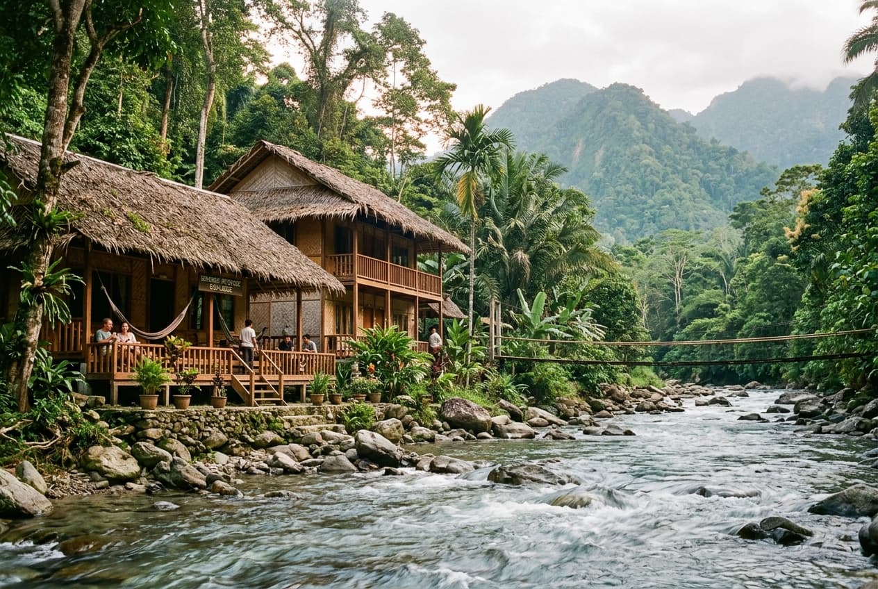 Sustainable wooden ecolodge and riverside cottages along Bohorok river in Bukit Lawang